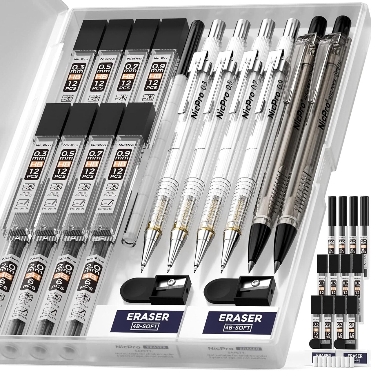 6-Piece Art Mechanical Pencil Set – 4 Drafting Pencils (0.3, 0.5, 0.7, 0.9mm) & 2 Lead Holders (2mm) with 12 Tubes Lead Refills, Erasers, Sharpeners, and Storage Case – Perfect for Writing, Sketching, and Drawing